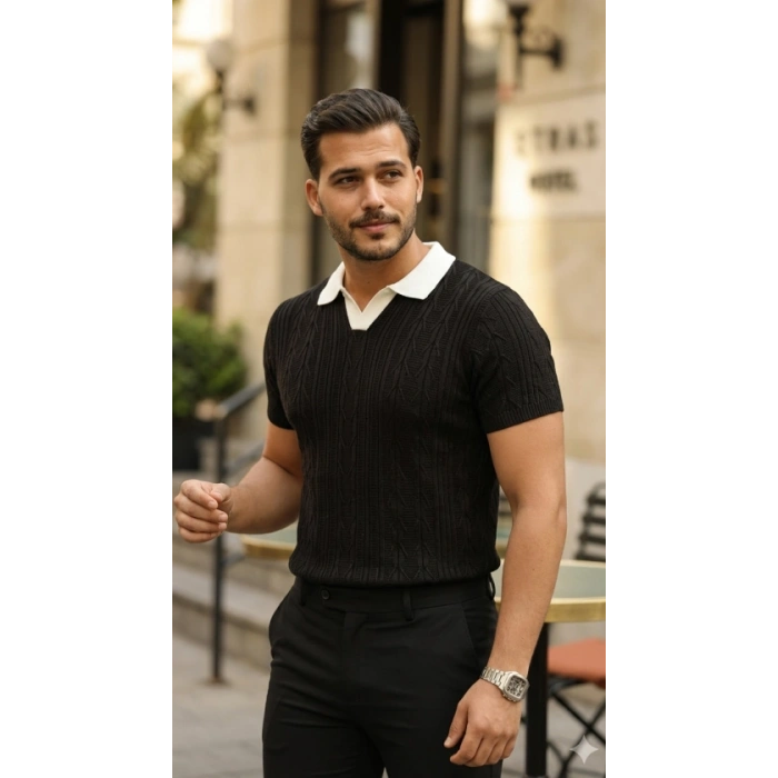 MARSiLYAN- Erkek Desenli Kısa Kollu Triko Tişört - %100 Pamuk Akrilik