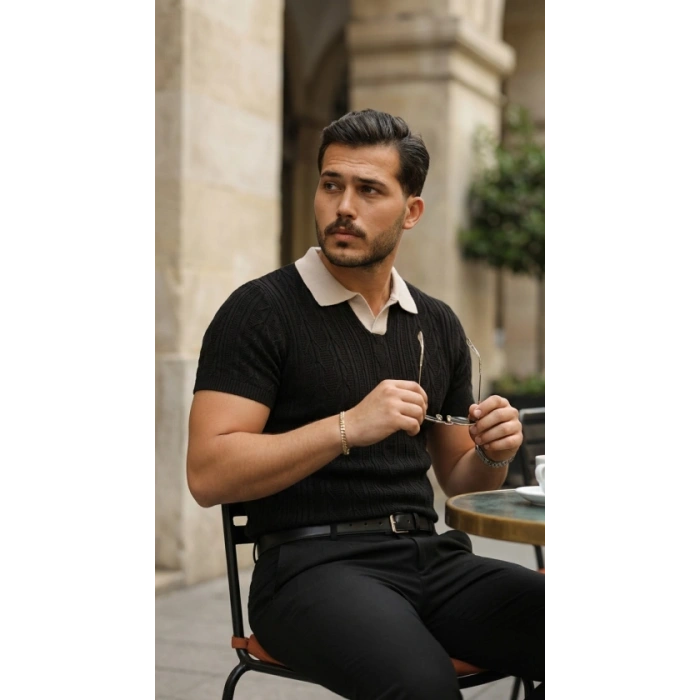 MARSiLYAN- Erkek Desenli Kısa Kollu Triko Tişört - %100 Pamuk Akrilik