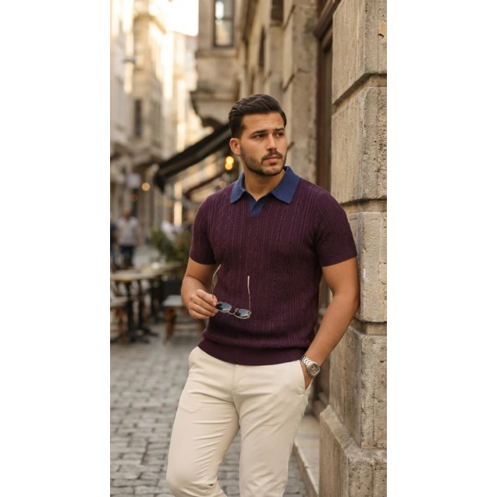 MARSiLYAN- Erkek Desenli Kısa Kollu Triko Tişört - %100 Pamuk Akrilik