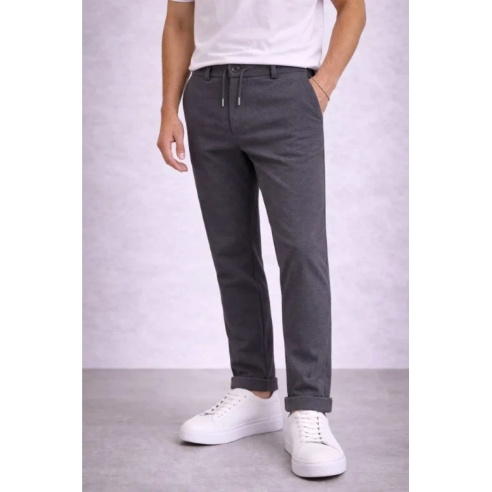 MARSiLYAN- Erkek Diagonel Mikro Dokulu Duble Paça Cepli Pantolon Bağcıklı Bel, Modern Kesim - Füme