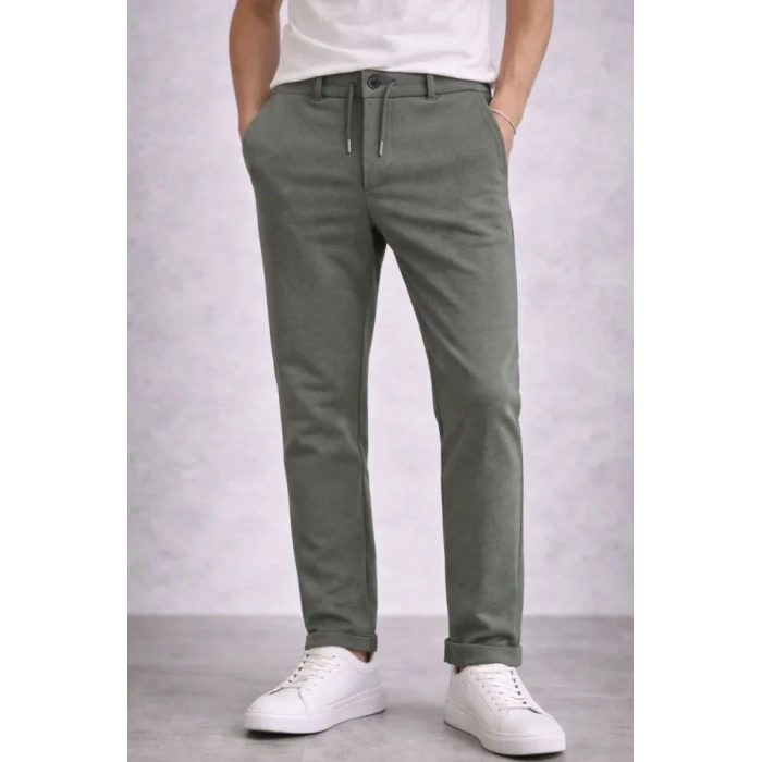 MARSiLYAN- Erkek Diagonel Mikro Dokulu Duble Paça Cepli Pantolon Bağcıklı Bel, Modern Kesim - Haki