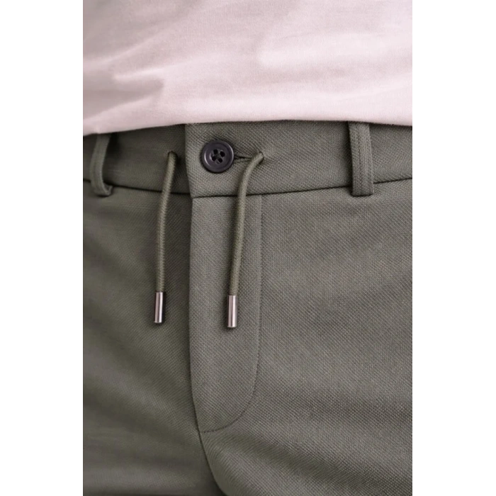 MARSiLYAN- Erkek Diagonel Mikro Dokulu Duble Paça Cepli Pantolon Bağcıklı Bel, Modern Kesim - Haki