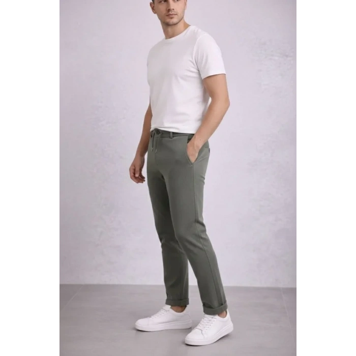 MARSiLYAN- Erkek Diagonel Mikro Dokulu Duble Paça Cepli Pantolon Bağcıklı Bel, Modern Kesim - Haki