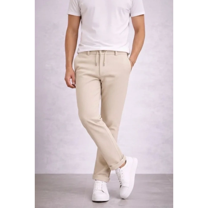 MARSiLYAN- Erkek Diagonel Mikro Dokulu Duble Paça Cepli Pantolon Bağcıklı Bel, Modern Kesim - Krem