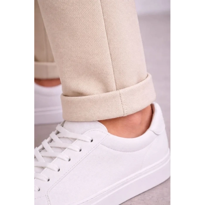 MARSiLYAN- Erkek Diagonel Mikro Dokulu Duble Paça Cepli Pantolon Bağcıklı Bel, Modern Kesim - Krem