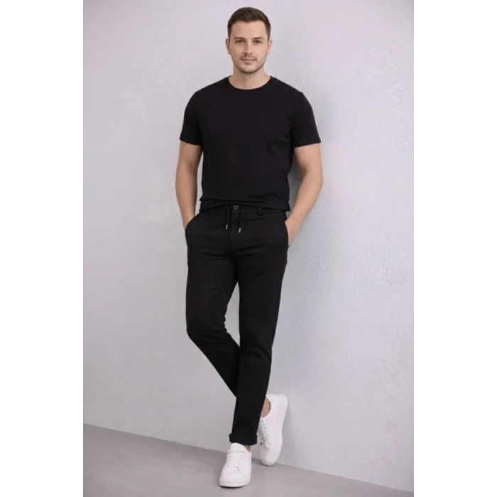 MARSiLYAN- Erkek Diagonel Mikro Dokulu Duble Paça Cepli Pantolon Bağcıklı Bel, Modern Kesim - Siyah