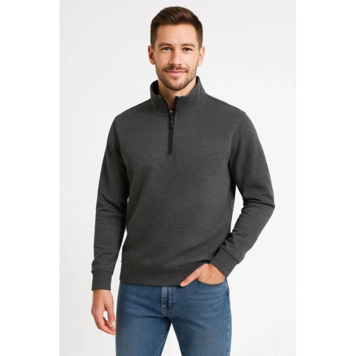 MARSiLYAN- Erkek Dik Yaka Sweatshirt Dik Yaka Yarım Fermuarlı 3 İplik Şardonlu Pamuk Kumaş - Antrasit