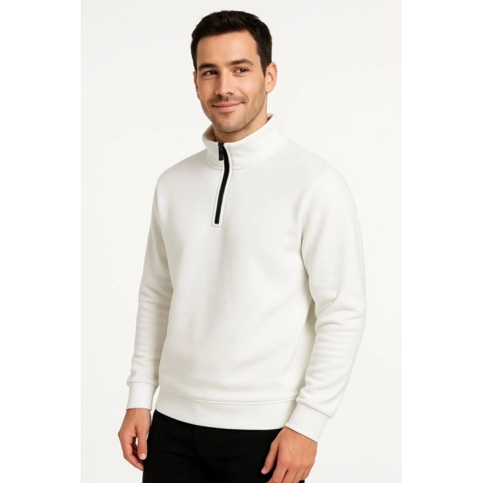 MARSiLYAN- Erkek Dik Yaka Sweatshirt Dik Yaka Yarım Fermuarlı 3 İplik Şardonlu Pamuk Kumaş - Beyaz