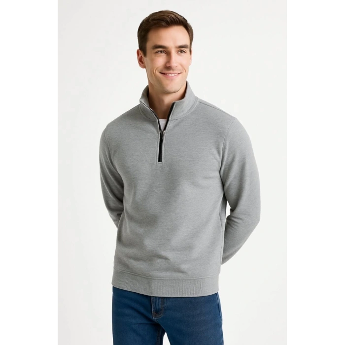 MARSiLYAN- Erkek Dik Yaka Sweatshirt Dik Yaka Yarım Fermuarlı 3 İplik Şardonlu Pamuk Kumaş - Gri