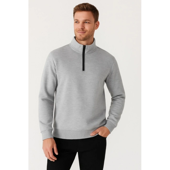 MARSiLYAN- Erkek Dik Yaka Sweatshirt Dik Yaka Yarım Fermuarlı 3 İplik Şardonlu Pamuk Kumaş - Gri