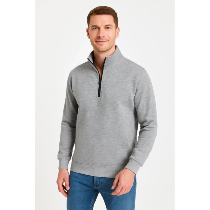 MARSiLYAN- Erkek Dik Yaka Sweatshirt Dik Yaka Yarım Fermuarlı 3 İplik Şardonlu Pamuk Kumaş - Gri
