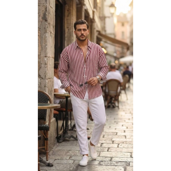 MARSiLYAN- Erkek Dikey Çizgili Yarım Oversize Gömlek