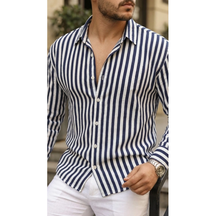 MARSiLYAN- Erkek Dikey Çizgili Yarım Oversize Gömlek