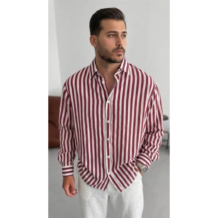 MARSiLYAN- Erkek Dikey Çizgili Yarım Oversize Gömlek