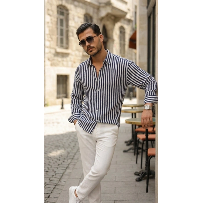 MARSiLYAN- Erkek Dikey Çizgili Yarım Oversize Gömlek