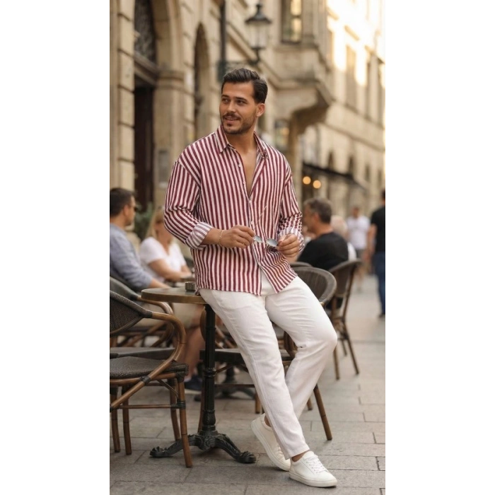 MARSiLYAN- Erkek Dikey Çizgili Yarım Oversize Gömlek