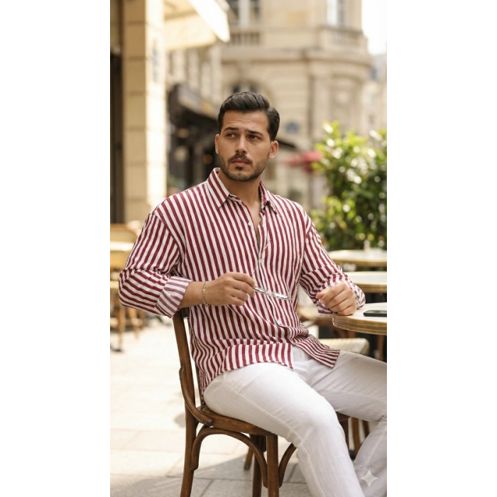 MARSiLYAN- Erkek Dikey Çizgili Yarım Oversize Gömlek