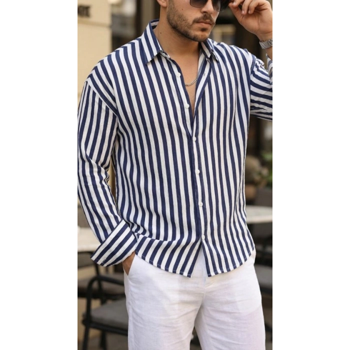 MARSiLYAN- Erkek Dikey Çizgili Yarım Oversize Gömlek