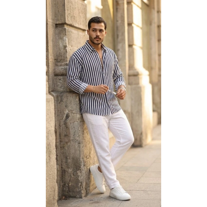 MARSiLYAN- Erkek Dikey Çizgili Yarım Oversize Gömlek