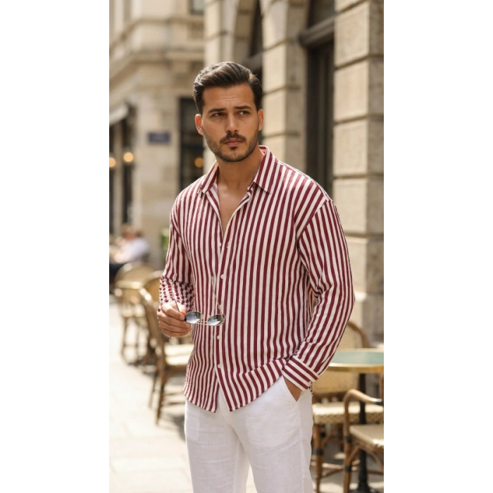 MARSiLYAN- Erkek Dikey Çizgili Yarım Oversize Gömlek