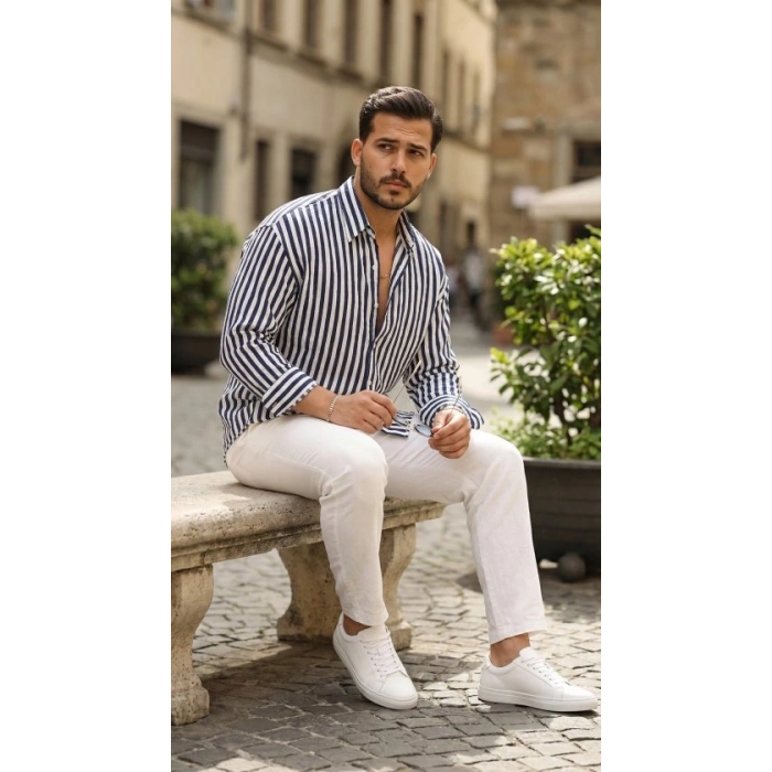 MARSiLYAN- Erkek Dikey Çizgili Yarım Oversize Gömlek