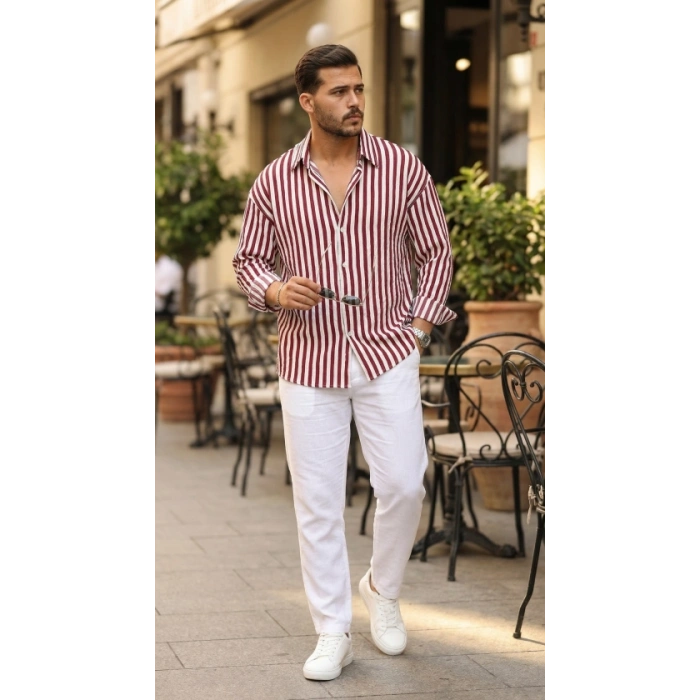 MARSiLYAN- Erkek Dikey Çizgili Yarım Oversize Gömlek