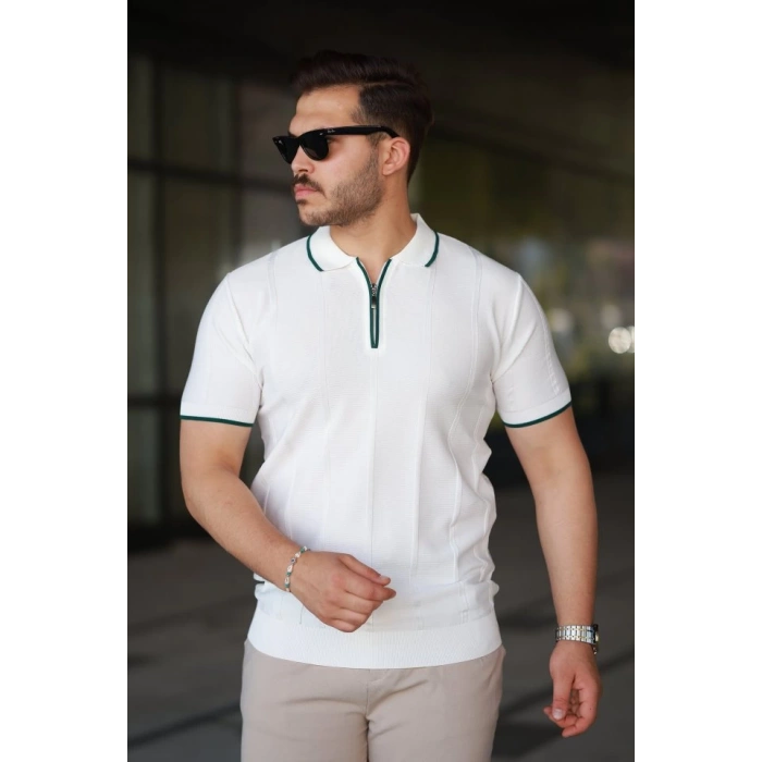 MARSiLYAN- Erkek Dikey Kabartmalı Örgü Dokulu Fermuar Yakalı Tişört