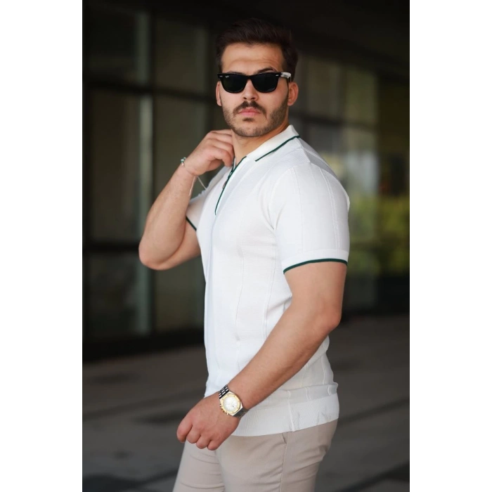 MARSiLYAN- Erkek Dikey Kabartmalı Örgü Dokulu Fermuar Yakalı Tişört