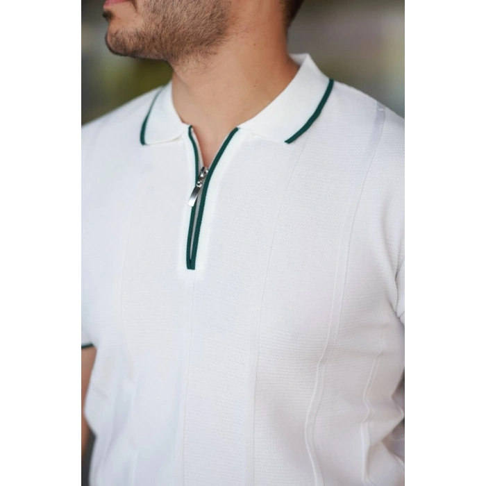 MARSiLYAN- Erkek Dikey Kabartmalı Örgü Dokulu Fermuar Yakalı Tişört