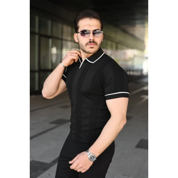MARSiLYAN- Erkek Dokulu Desen Yakalı Kısa Kollu Tişört