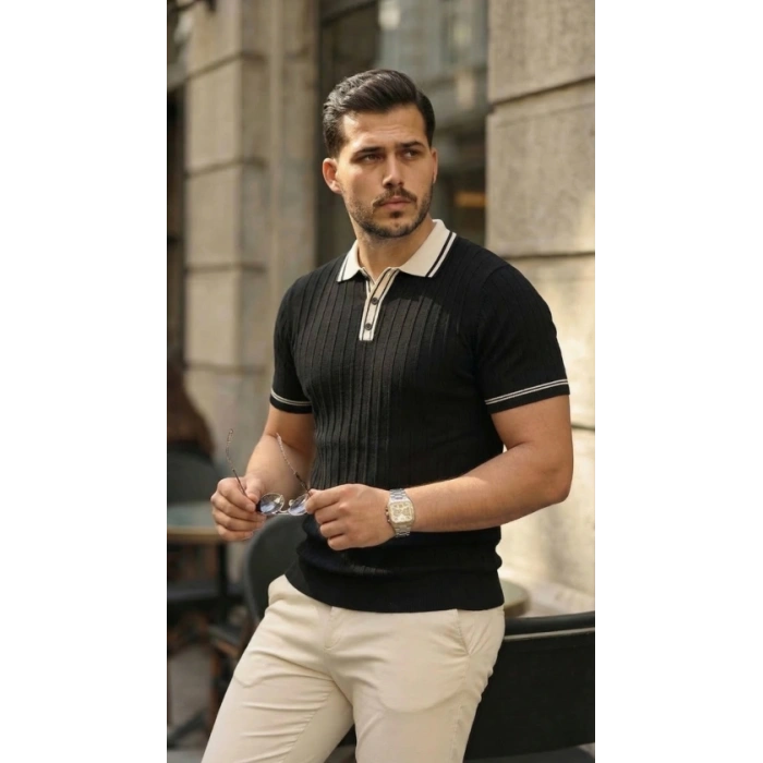 MARSiLYAN- Erkek Düğme Yakalı Kontrast Yaka Triko Tişört