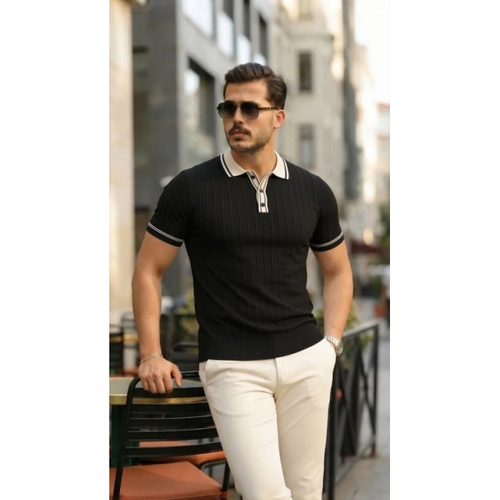 MARSiLYAN- Erkek Düğme Yakalı Kontrast Yaka Triko Tişört