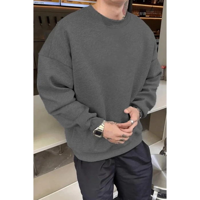 MARSiLYAN- Erkek Düz Bisiklet Yaka Sweat - Füme