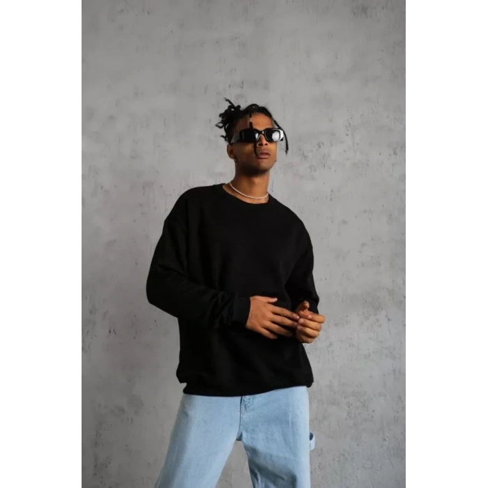 MARSiLYAN- Erkek Düz Bisiklet Yaka Sweat - Siyah