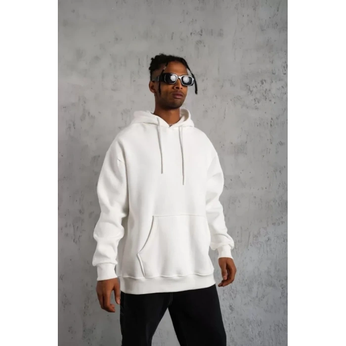 MARSiLYAN- Erkek Düz Kapüşonlu Sweat - Beyaz