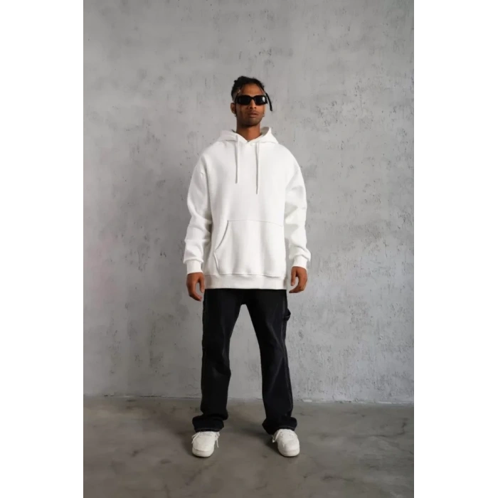 MARSiLYAN- Erkek Düz Kapüşonlu Sweat - Beyaz