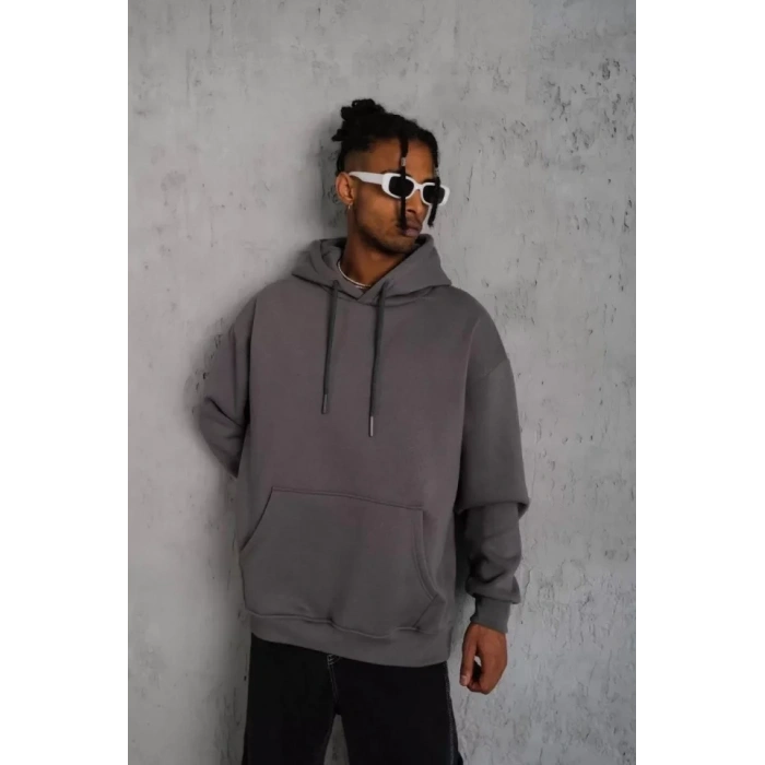 MARSiLYAN- Erkek Düz Kapüşonlu Sweat - Gri