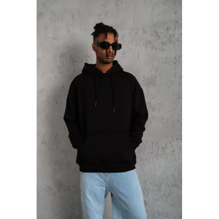 MARSiLYAN- Erkek Düz Kapüşonlu Sweat - Siyah
