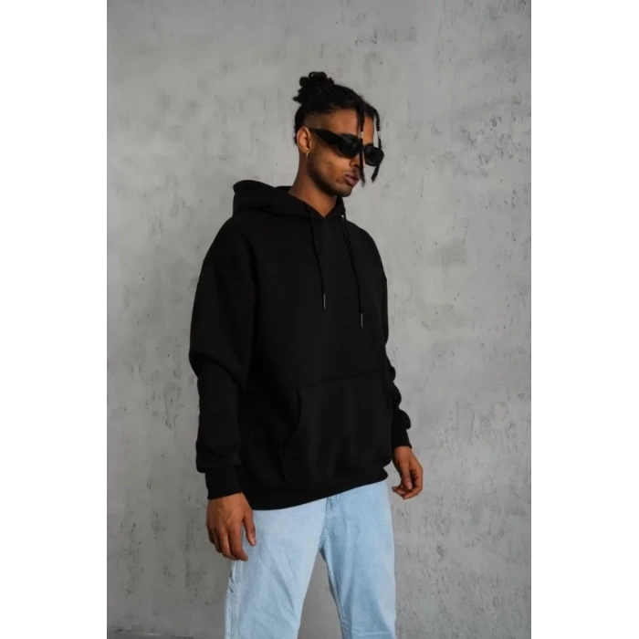 MARSiLYAN- Erkek Düz Kapüşonlu Sweat - Siyah