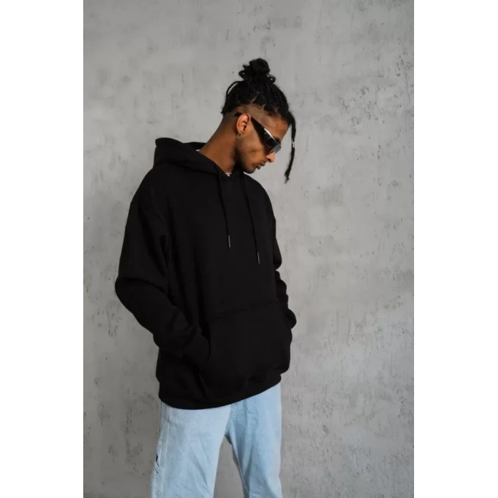 MARSiLYAN- Erkek Düz Kapüşonlu Sweat - Siyah