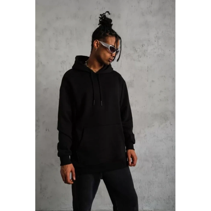 MARSiLYAN- Erkek Düz Kapüşonlu Sweat - Siyah