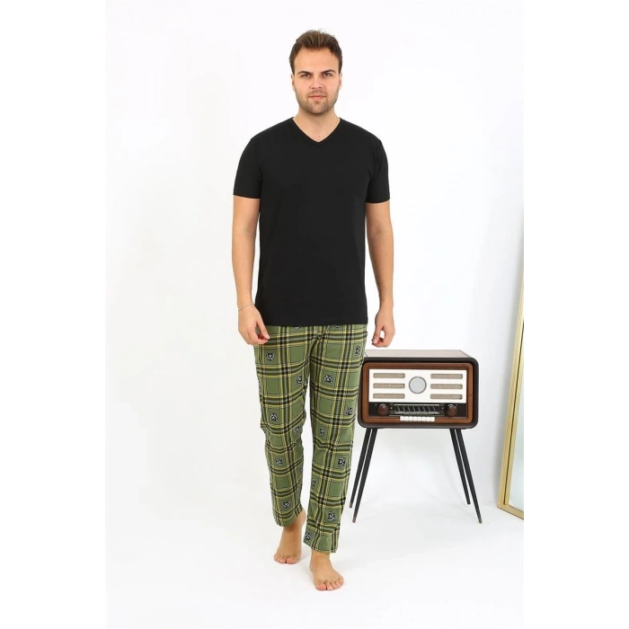 MARSiLYAN- Erkek Ekoseli Desen Penye Tek Alt Pijama Haki