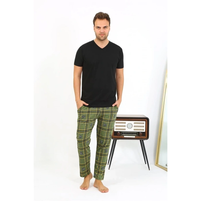 MARSiLYAN- Erkek Ekoseli Desen Penye Tek Alt Pijama Haki
