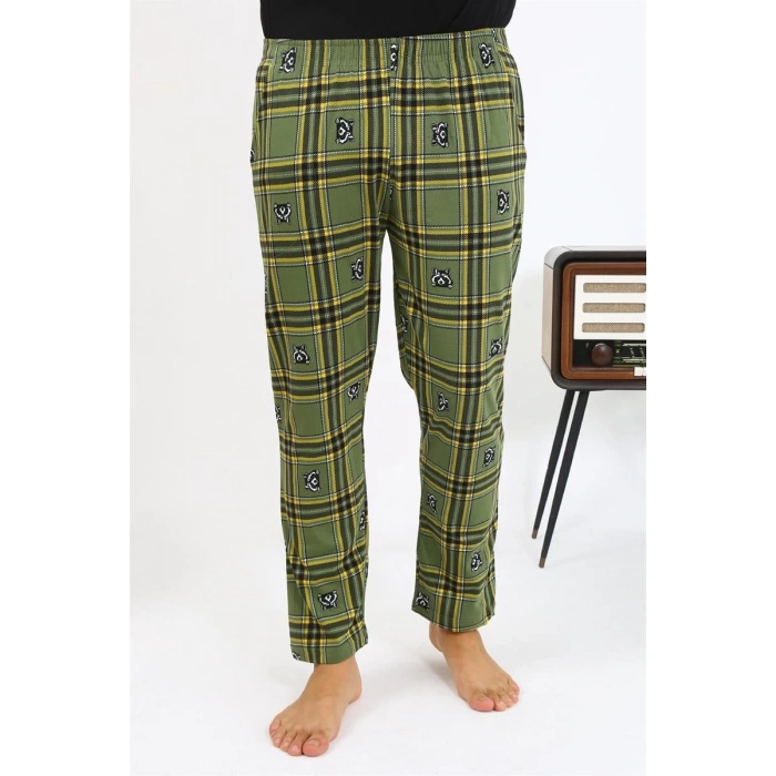 MARSiLYAN- Erkek Ekoseli Desen Penye Tek Alt Pijama Haki