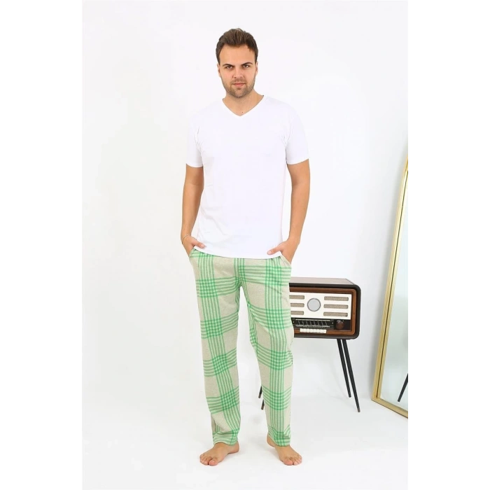 MARSiLYAN- Erkek Ekoseli Desen Penye Tek Alt Pijama Yeşil