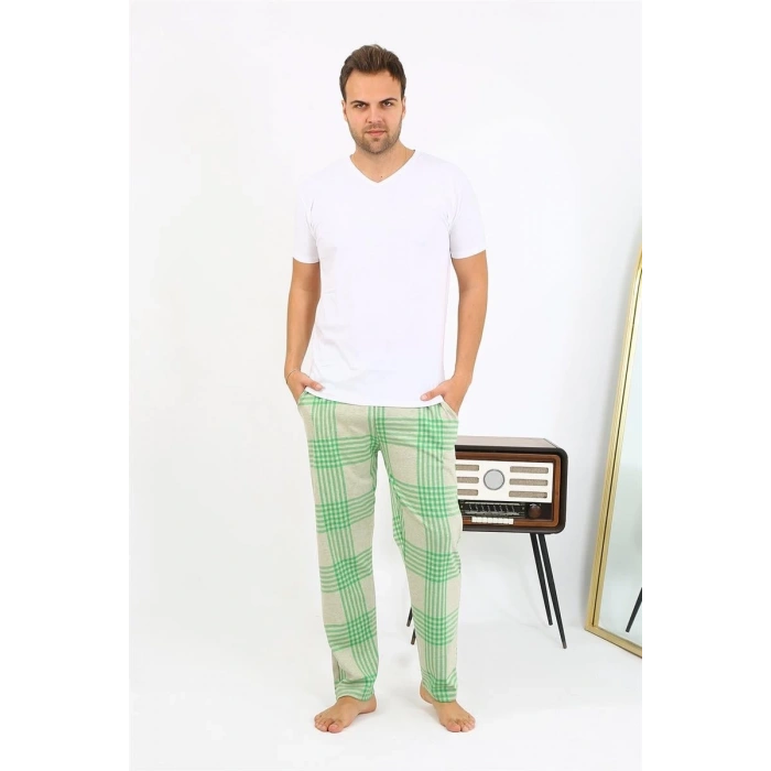 MARSiLYAN- Erkek Ekoseli Desen Penye Tek Alt Pijama Yeşil