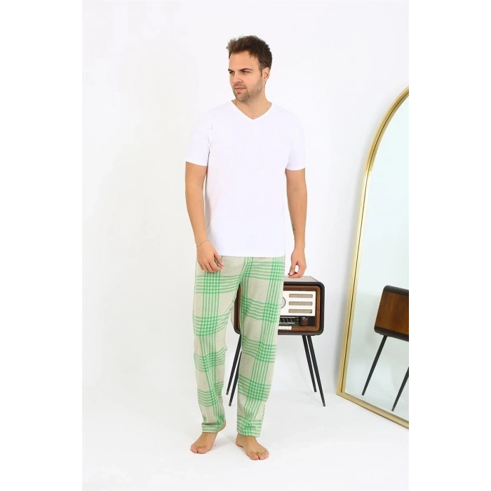 MARSiLYAN- Erkek Ekoseli Desen Penye Tek Alt Pijama Yeşil