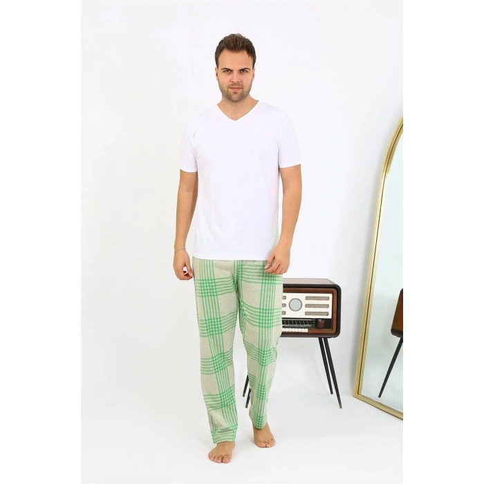 MARSiLYAN- Erkek Ekoseli Desen Penye Tek Alt Pijama Yeşil