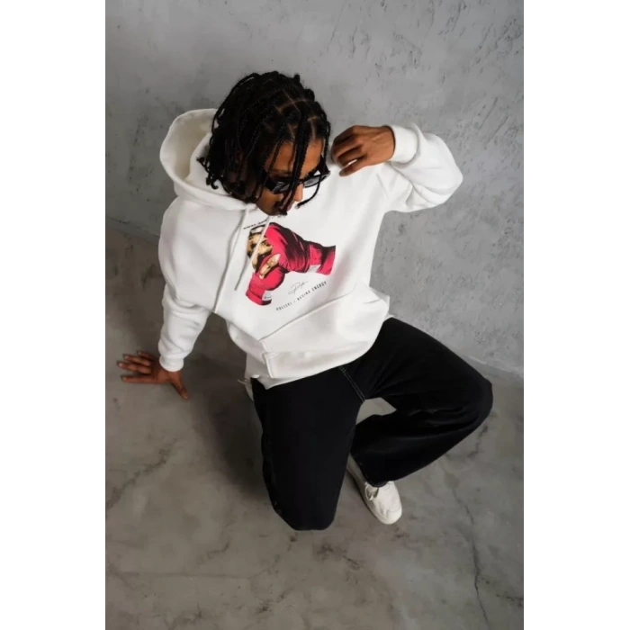 MARSiLYAN- Erkek Eldiven Baskılı Kapüşonlu Sweat - Beyaz