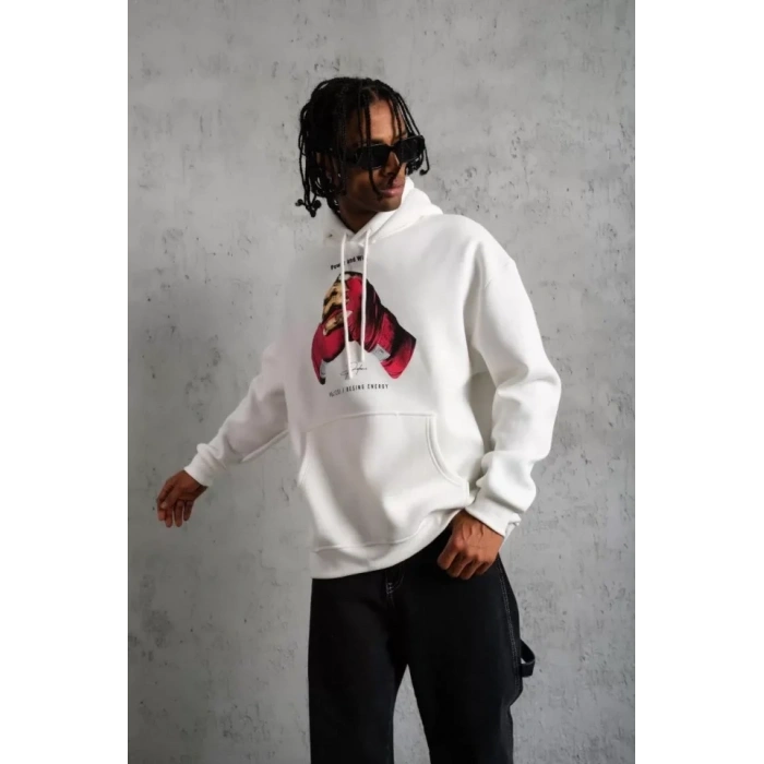MARSiLYAN- Erkek Eldiven Baskılı Kapüşonlu Sweat - Beyaz